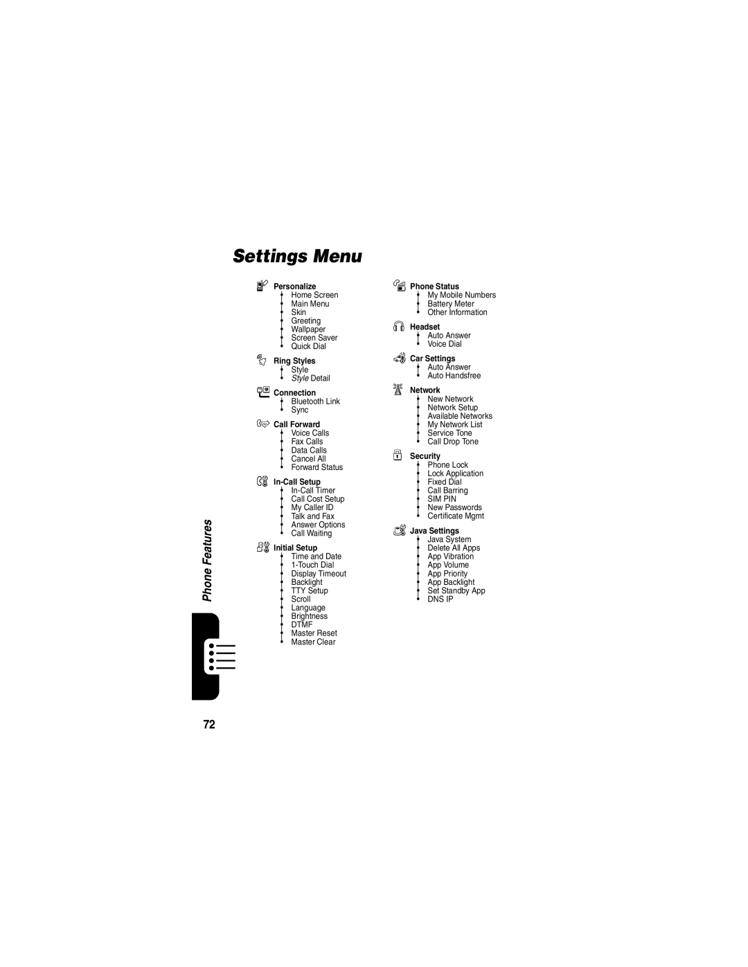 Motorola 040128o manual Settings Menu, Initial Setup 