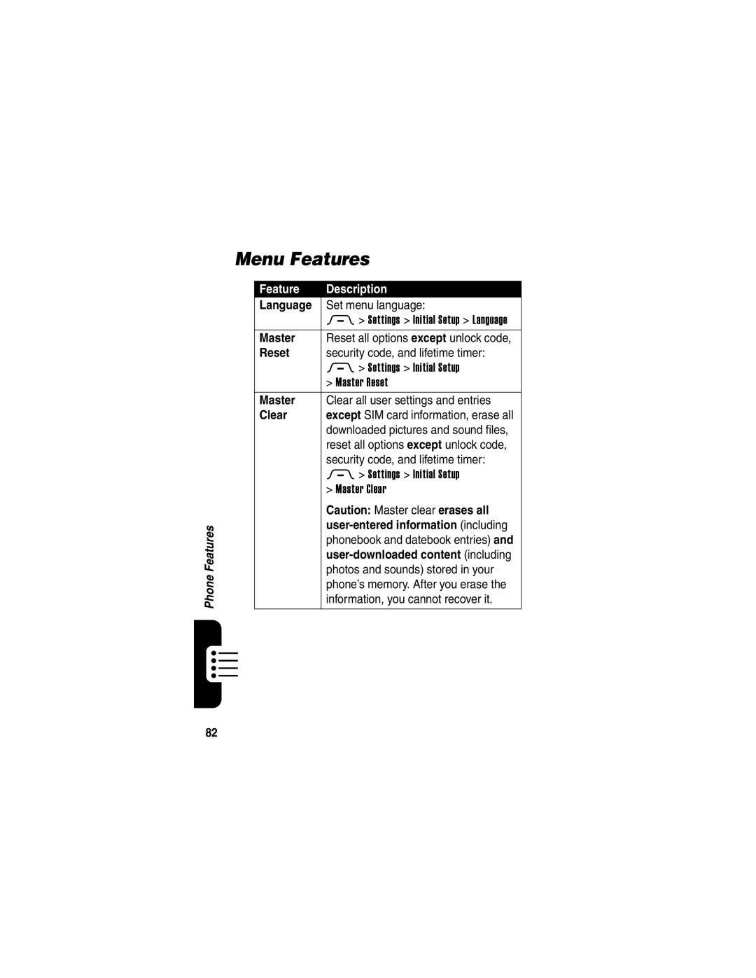 Motorola 040128o manual Menu Features, Language, Master, Reset, Clear 