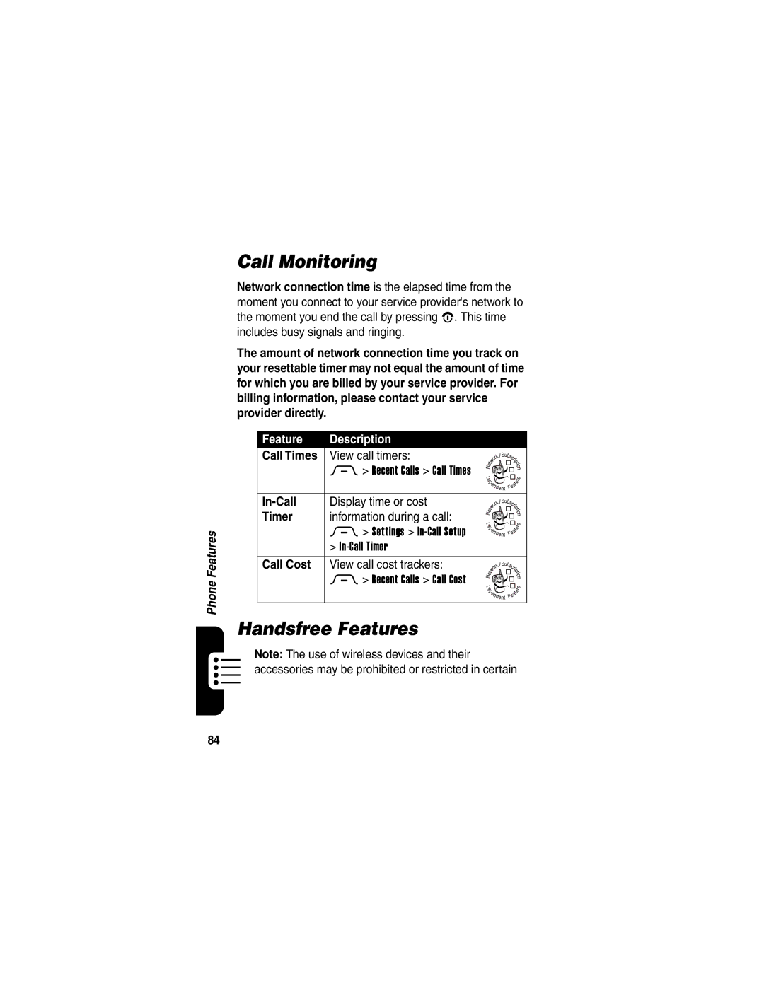 Motorola 040128o manual Call Monitoring, Handsfree Features, In-Call, Timer, Call Cost 