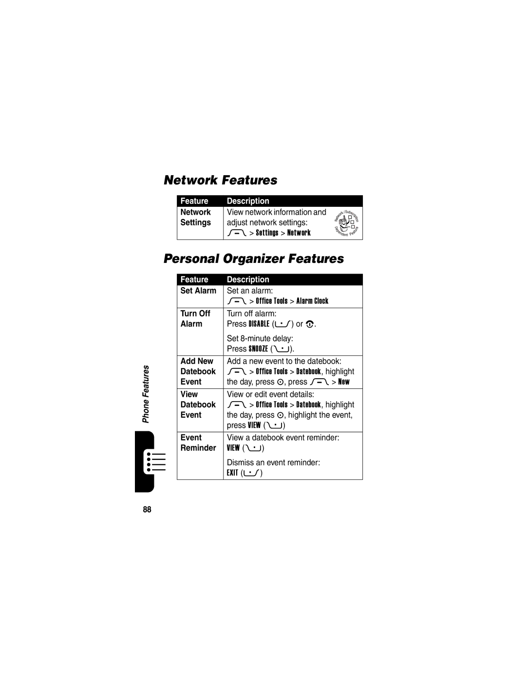 Motorola 040128o manual Network Features, Personal Organizer Features 