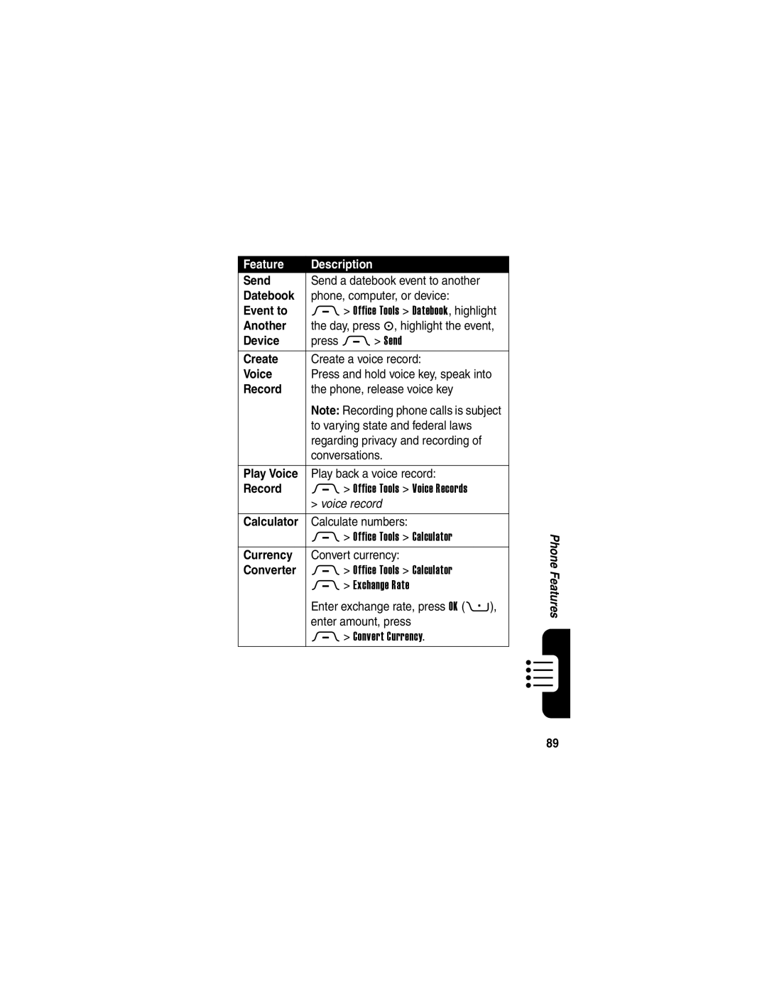 Motorola 040128o manual Event to, Voice, Record, Calculator, Currency, Converter 