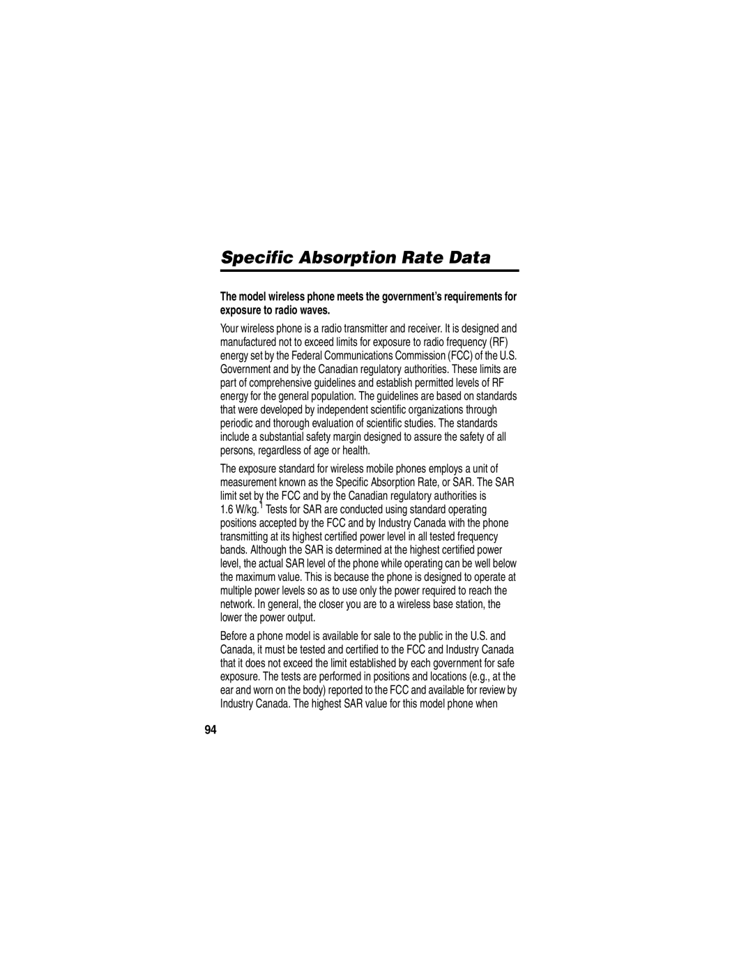 Motorola 040128o manual Specific Absorption Rate Data 