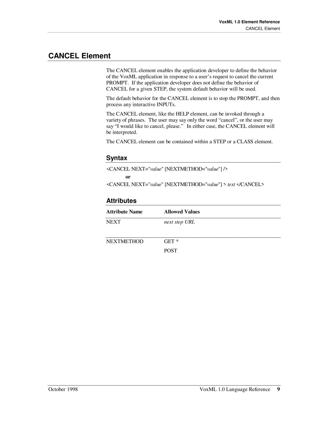 Motorola 1 manual Cancel Element, Next step URL 