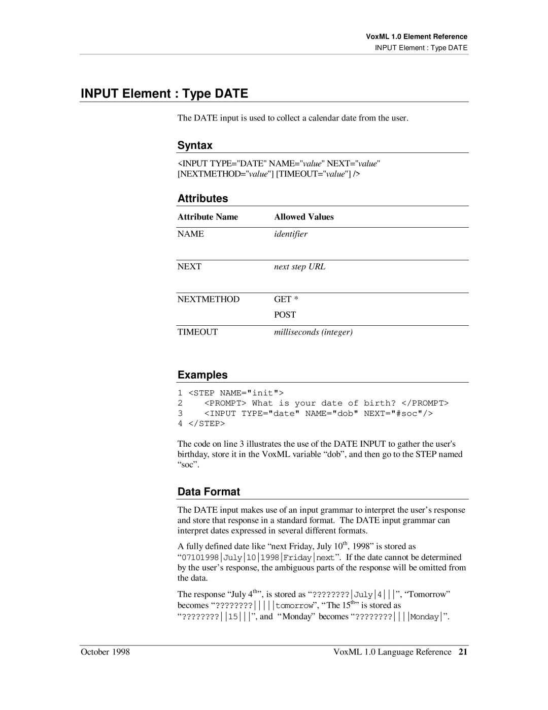 Motorola 1 manual Input Element Type Date, Data Format 