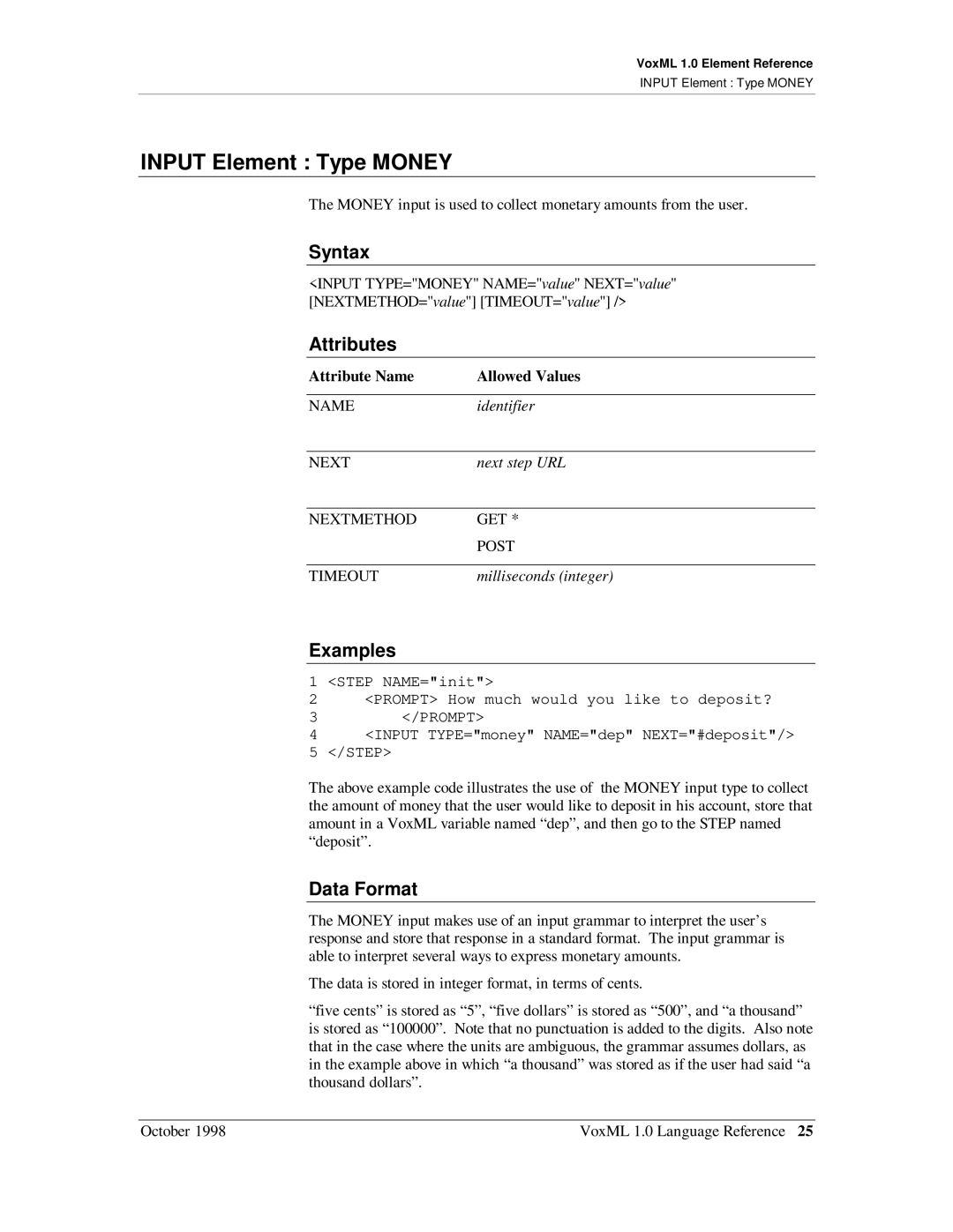 Motorola 1 manual Input Element Type Money, Data Format 