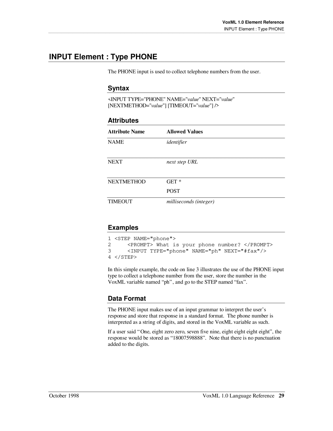 Motorola 1 manual Input Element Type Phone, Data Format 