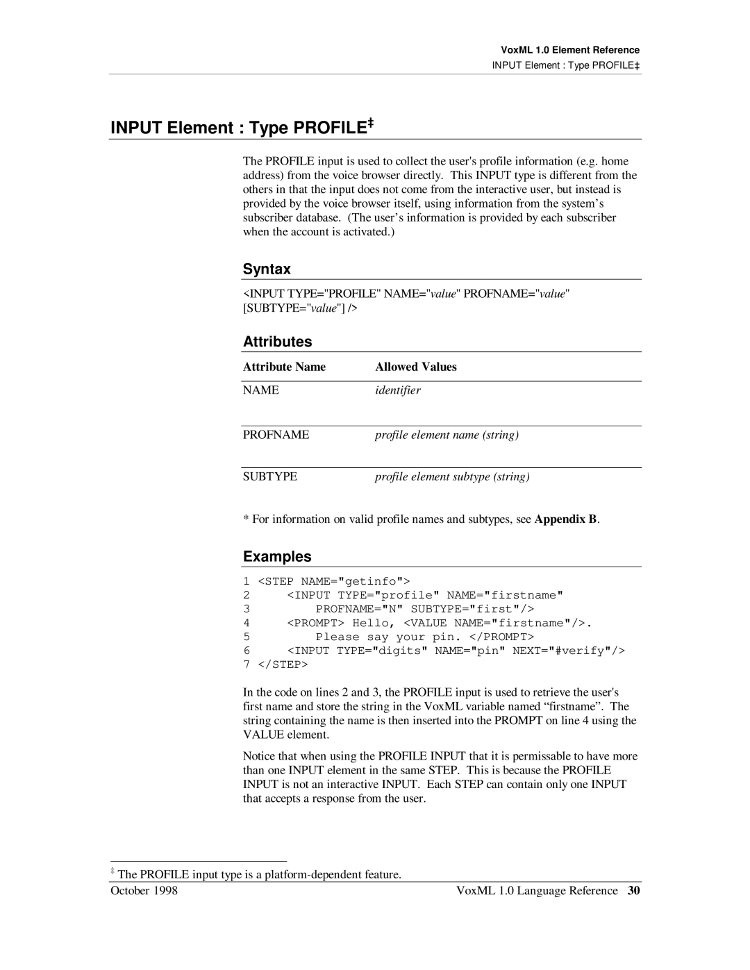 Motorola 1 manual Input Element Type PROFILE‡ 