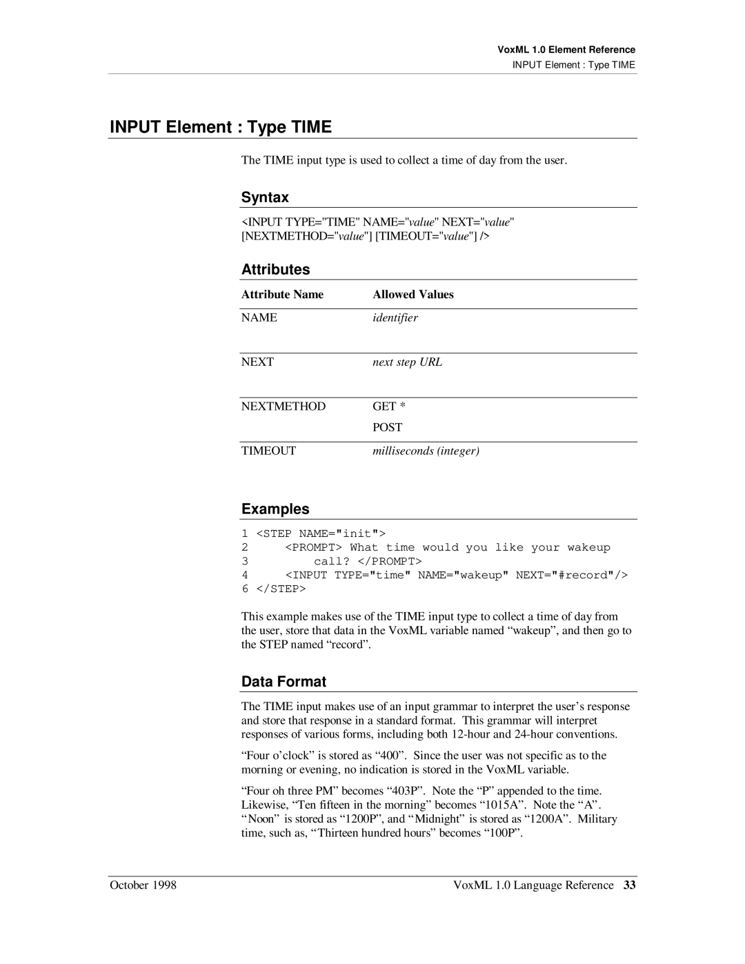 Motorola 1 manual Input Element Type Time, Data Format 