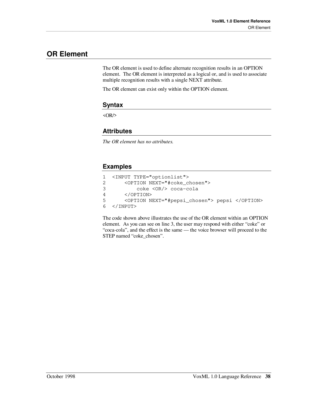 Motorola 1 manual Or Element, Syntax Attributes 