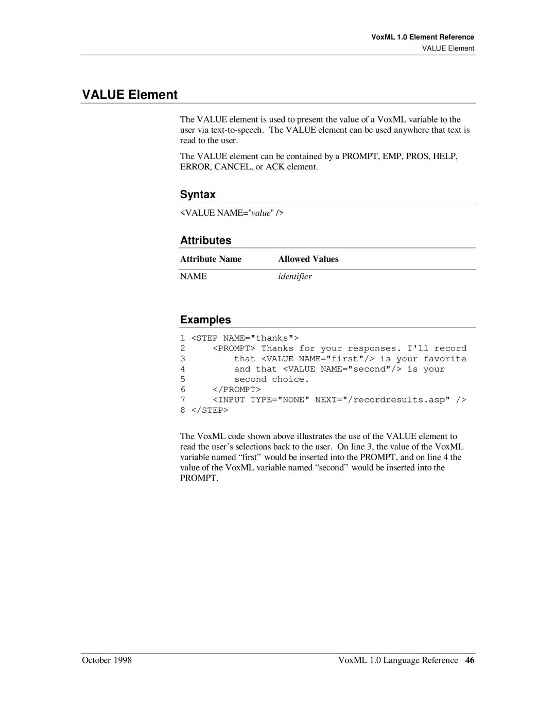 Motorola 1 manual Value Element, Prompt 