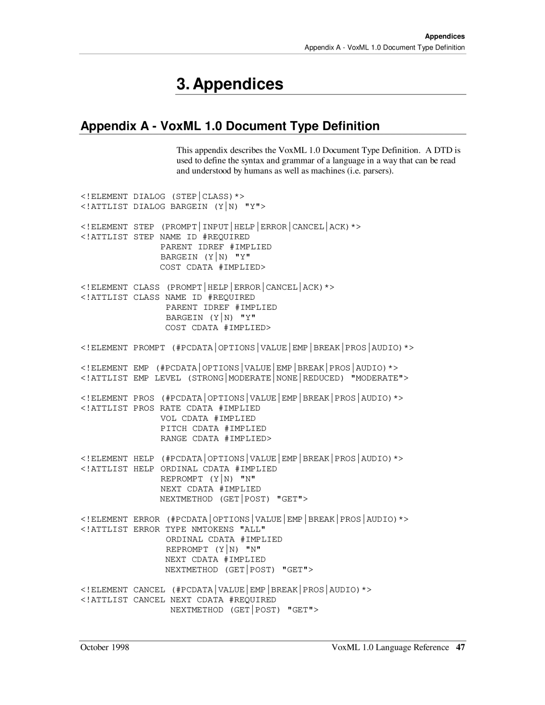 Motorola manual Appendices, Appendix a VoxML 1.0 Document Type Definition 