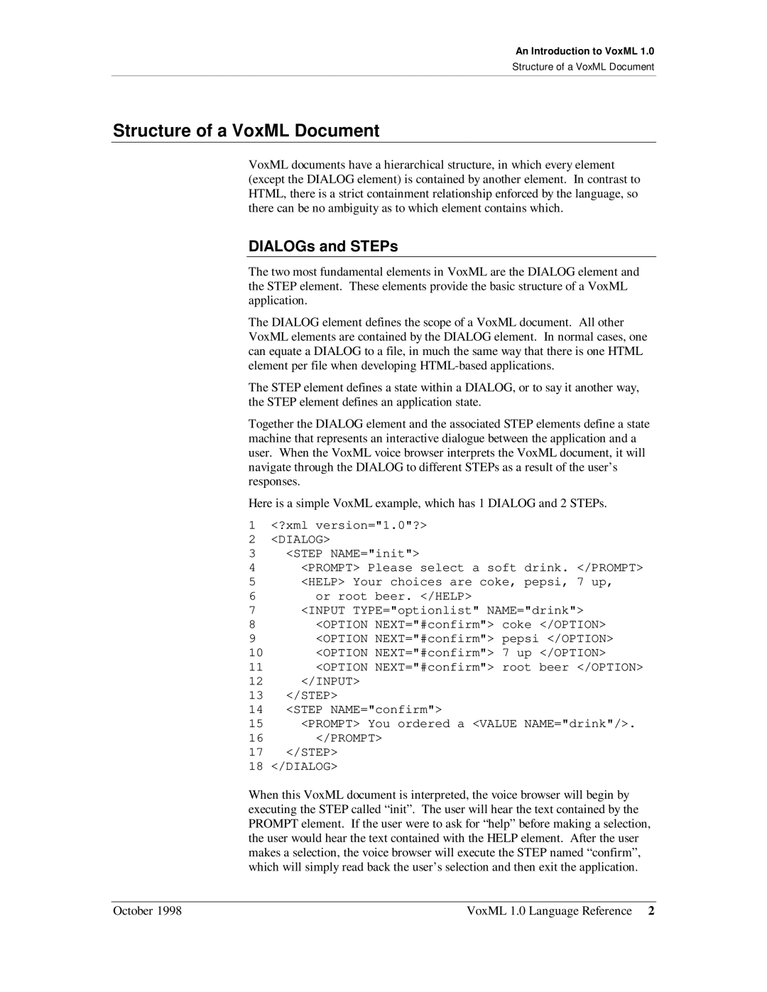 Motorola 1 manual Structure of a VoxML Document, DIALOGs and STEPs 