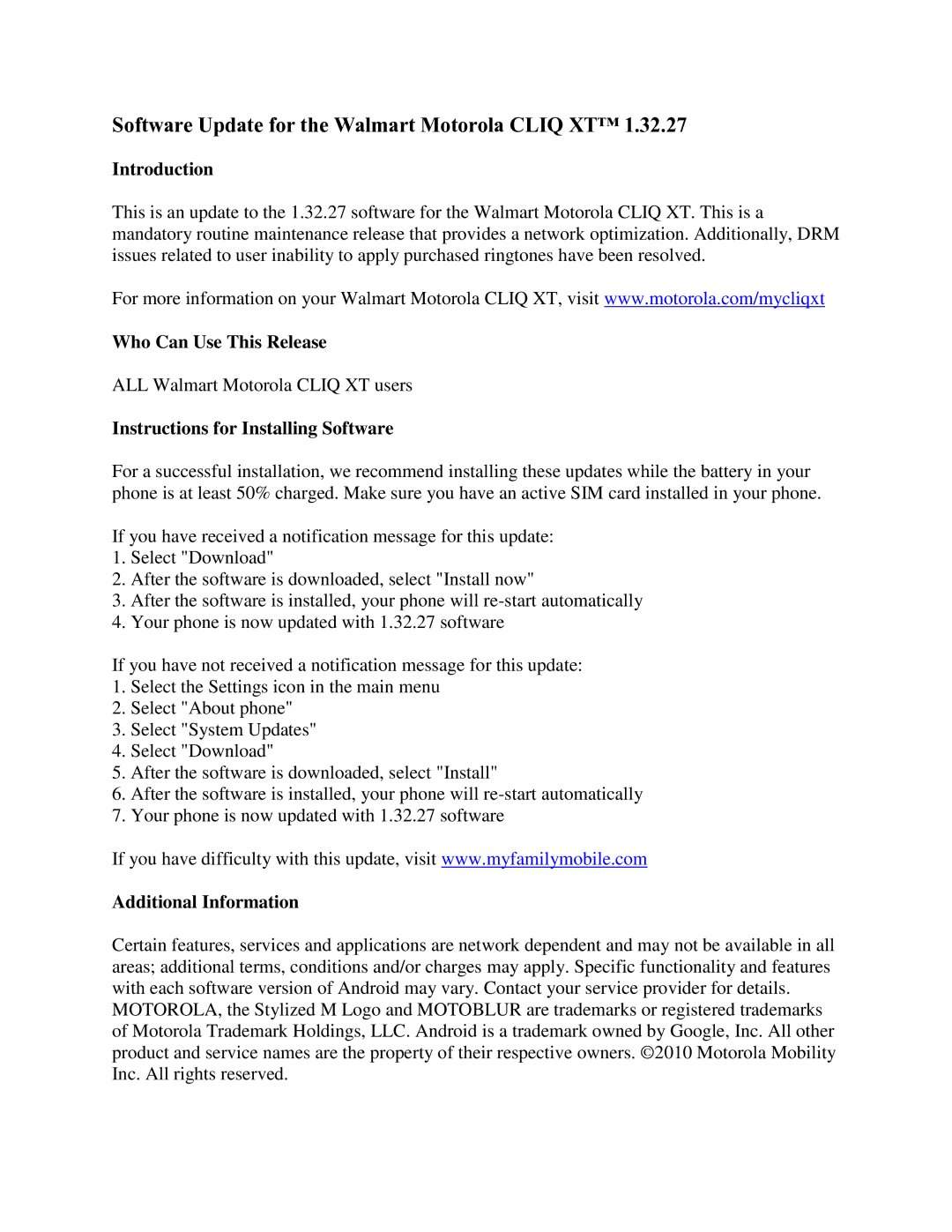 Motorola 1.32.27 manual Software Update for the Walmart Motorola Cliq XT, Introduction, Who Can Use This Release 
