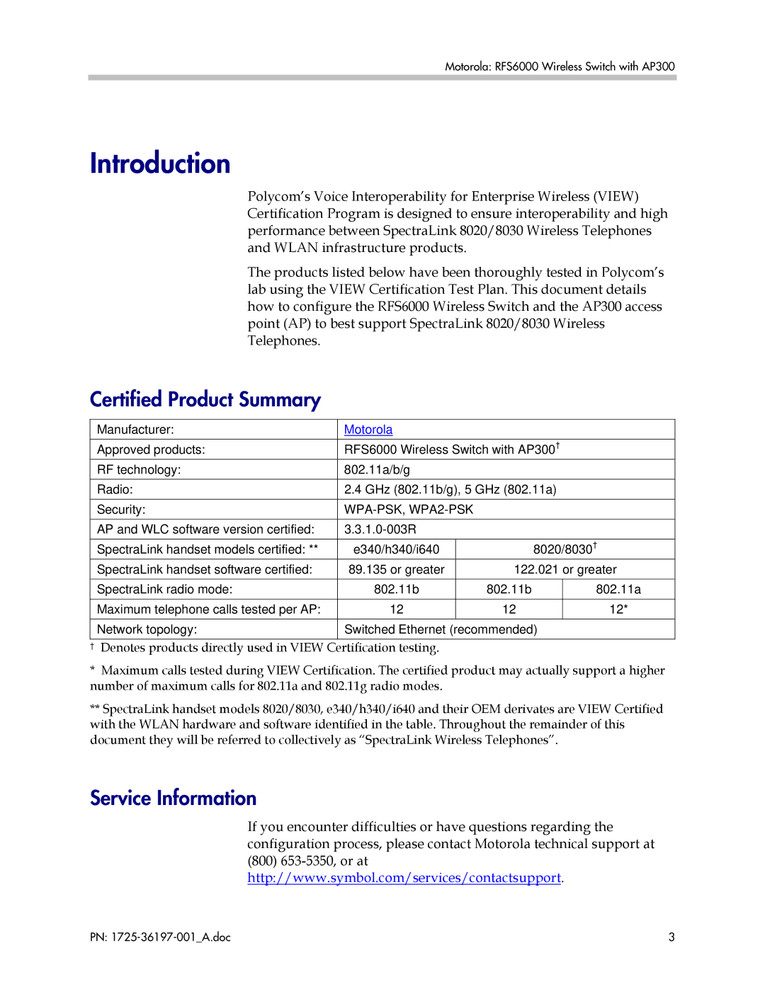 Motorola RFS6000, 1725-36197-001 manual Certified Product Summary, Service Information 