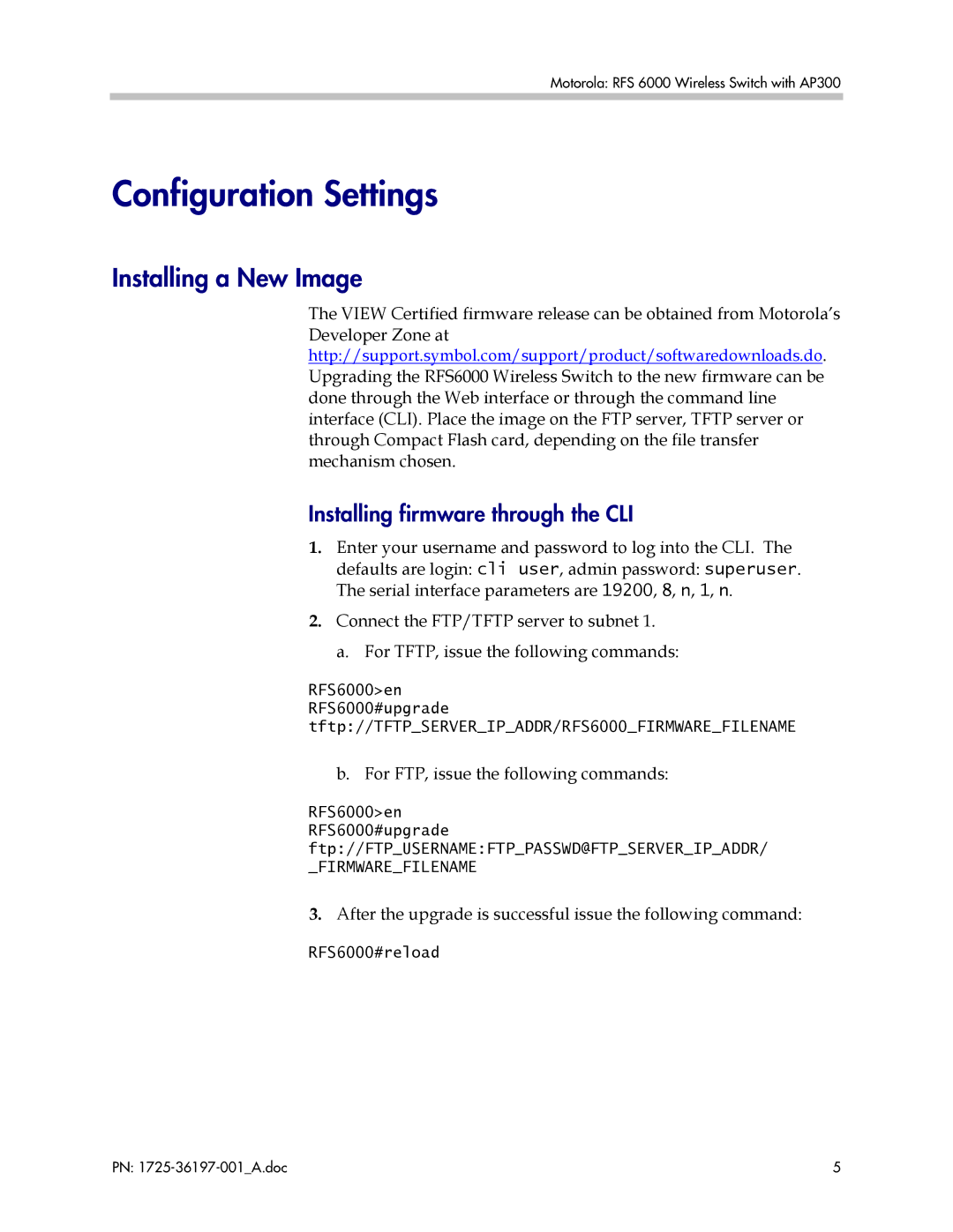 Motorola RFS6000, 1725-36197-001 manual Installing a New Image, Installing firmware through the CLI 