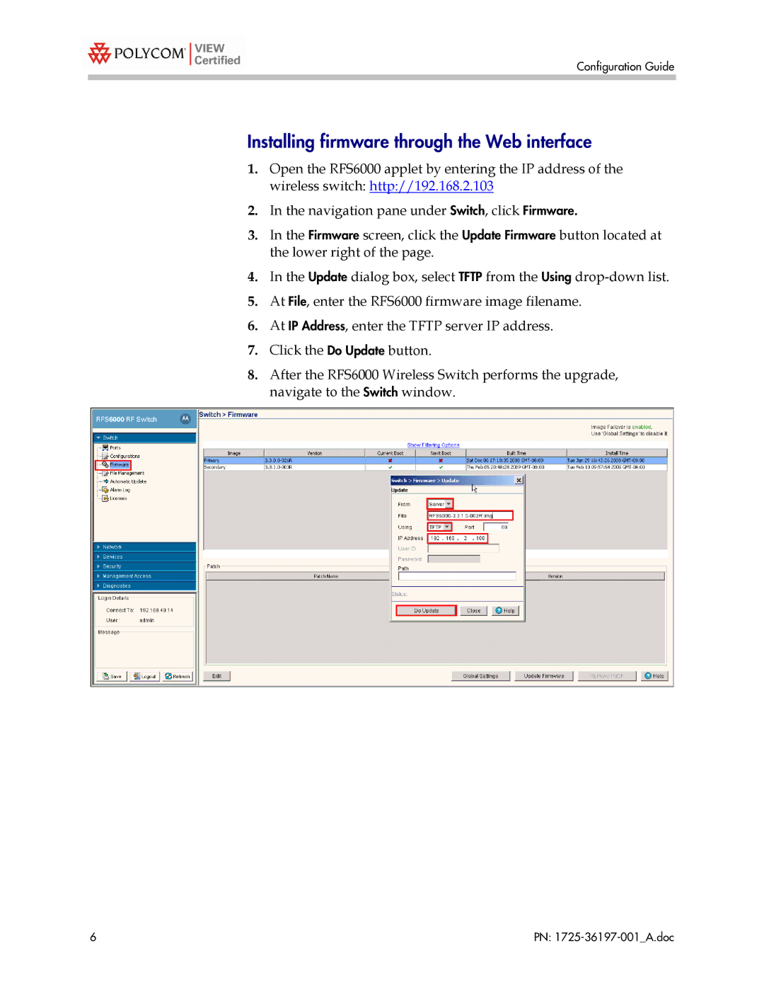 Motorola 1725-36197-001, RFS6000 manual Installing firmware through the Web interface 