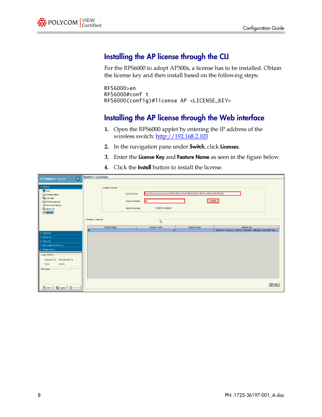 Motorola 1725-36197-001 Installing the AP license through the CLI, Installing the AP license through the Web interface 