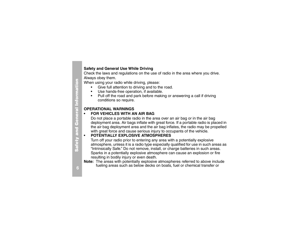 Motorola 2 Way FRS Radio manual Safety and General Use While Driving, Operational Warnings For Vehicles with AN AIR BAG 