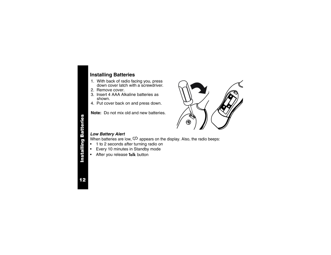 Motorola 2 Way FRS Radio manual Installing Batteries, Low Battery Alert 