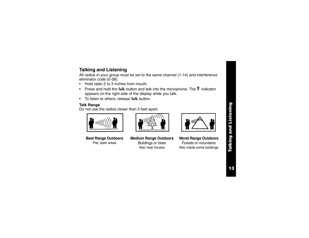 Motorola 2 Way FRS Radio manual Talking and Listening, Talk Range 