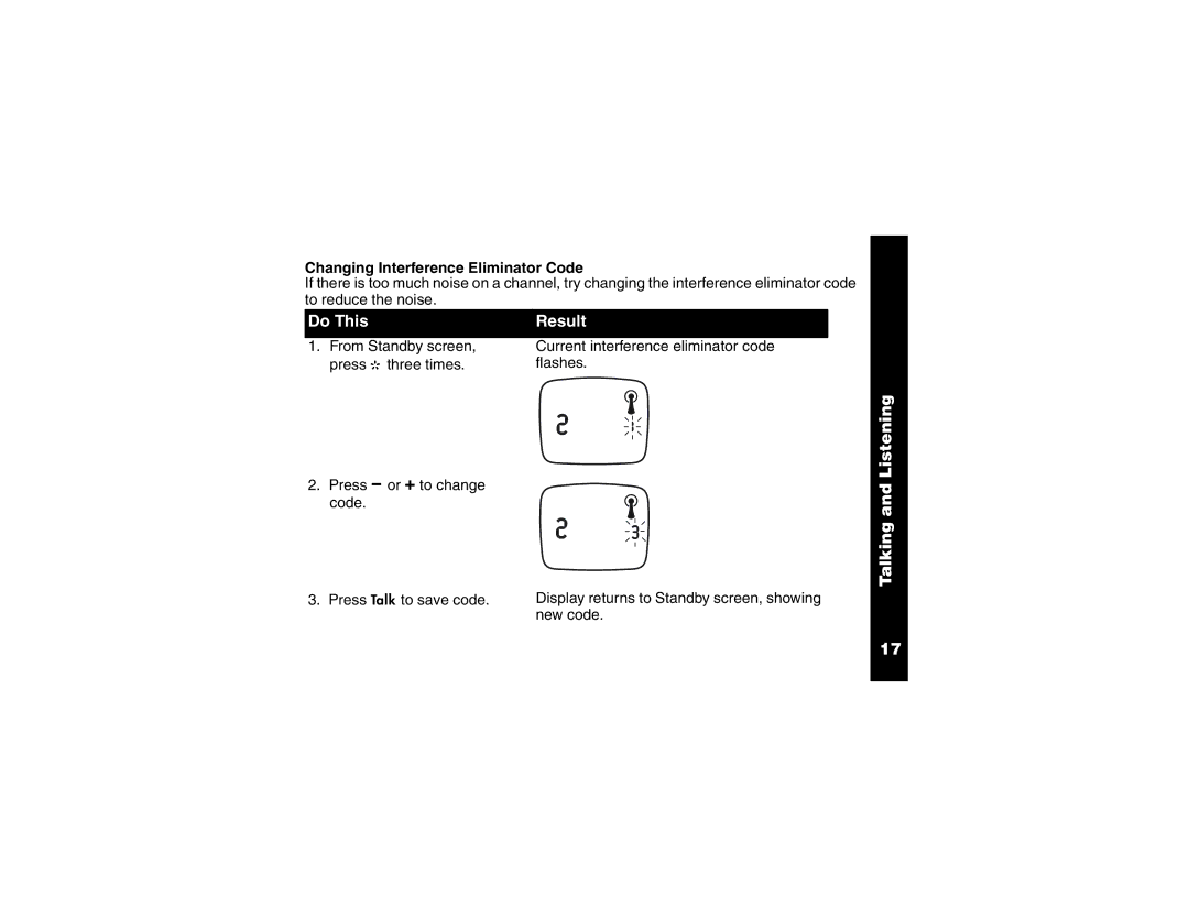 Motorola 2 Way FRS Radio manual Listening, Changing Interference Eliminator Code 