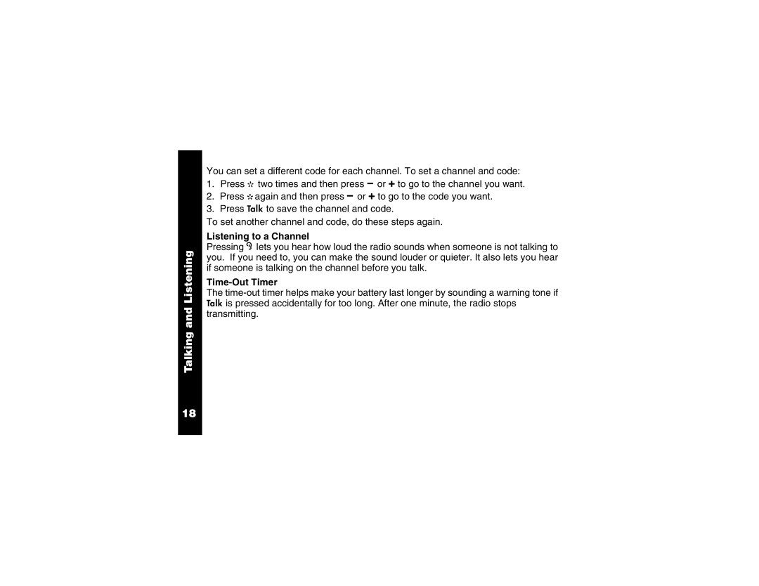 Motorola 2 Way FRS Radio manual Listening to a Channel, Time-Out Timer 