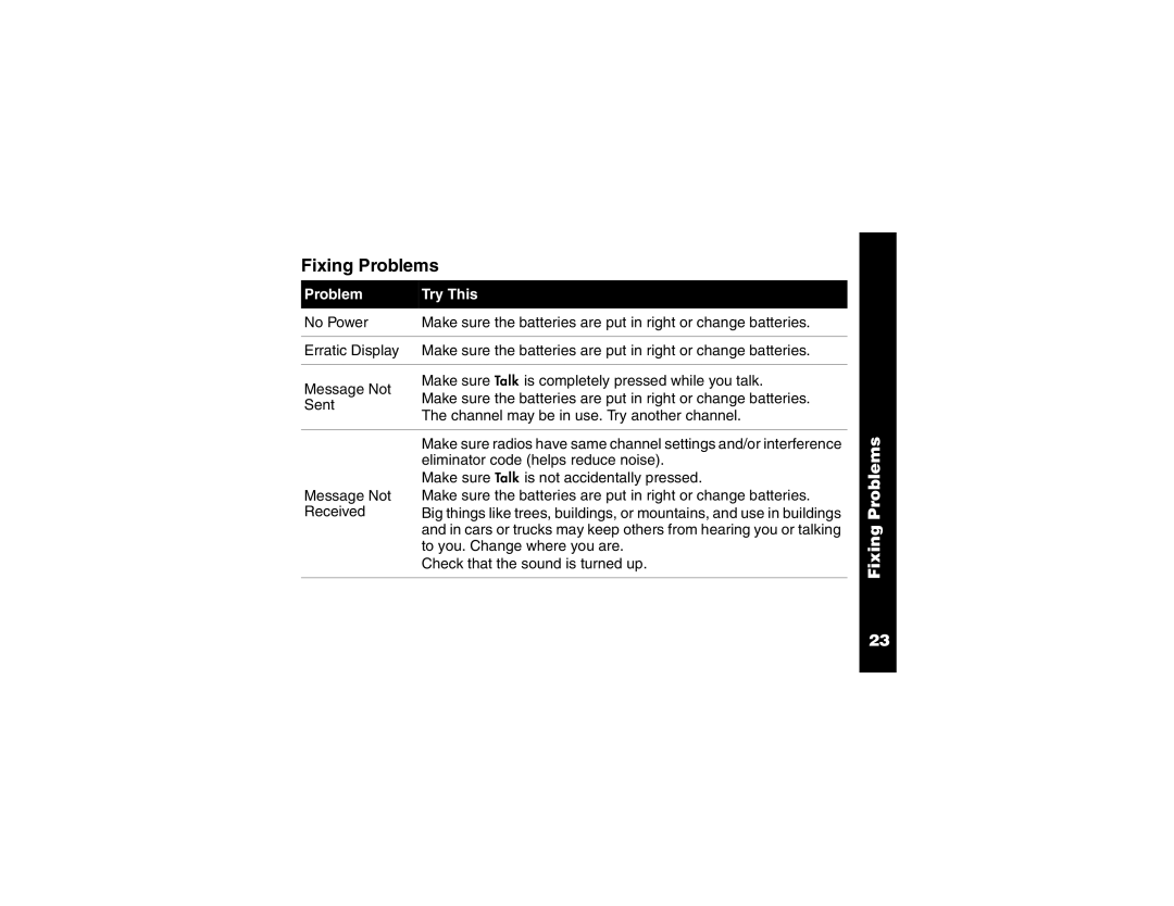 Motorola 2 Way FRS Radio manual Fixing Problems, Problem Try This 