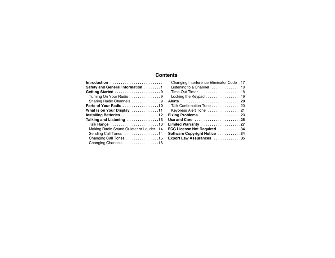 Motorola 2 Way FRS Radio manual Contents 