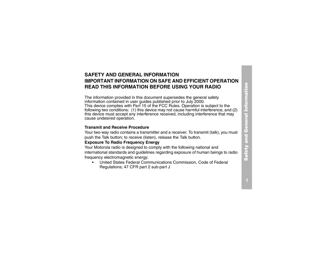 Motorola 2 Way FRS Radio manual Transmit and Receive Procedure, Exposure To Radio Frequency Energy 