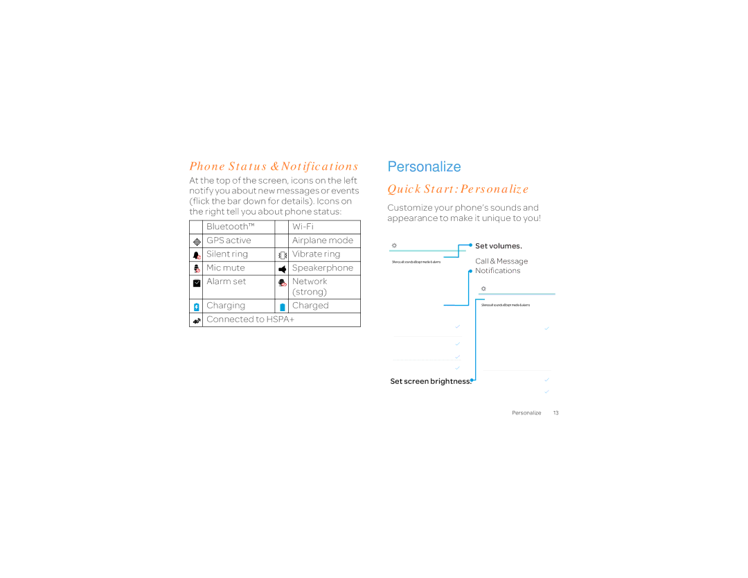 Motorola 2 manual Phone Status & Notifications, Quick Start Personalize 