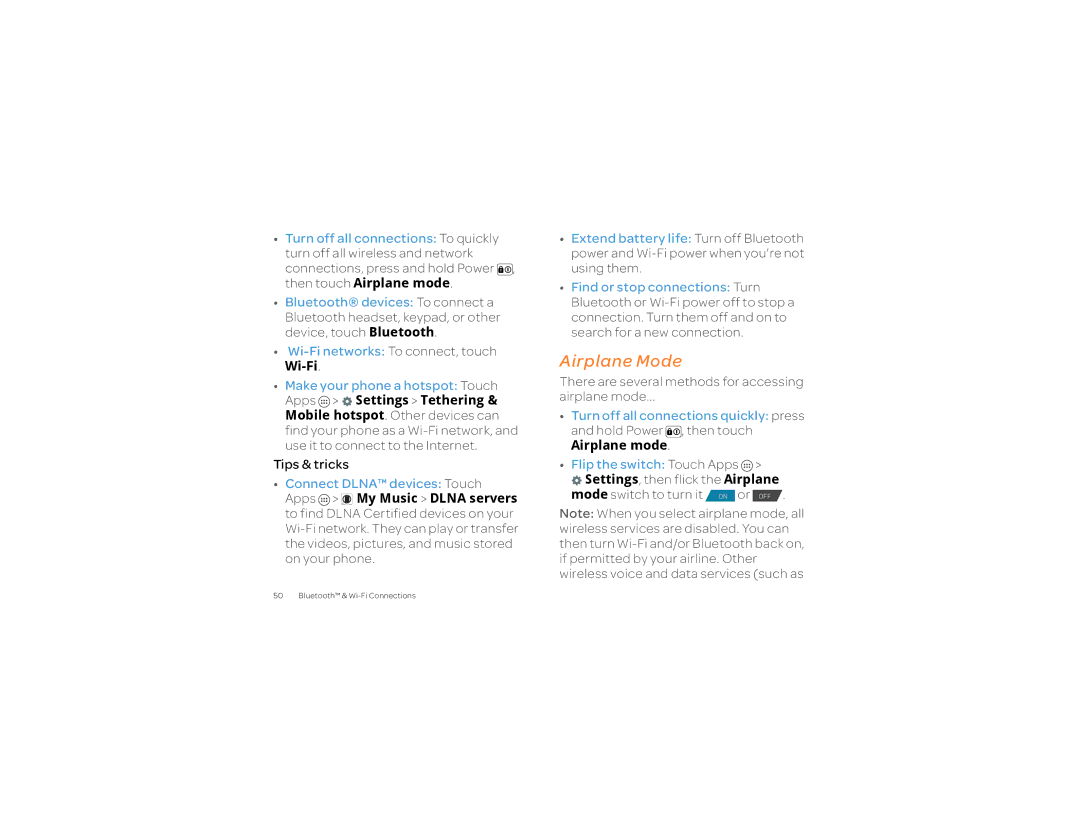 Motorola 2 manual Airplane Mode, Wi-Fi, There are several methods for accessing Airplane mode, Hold Power , then touch 