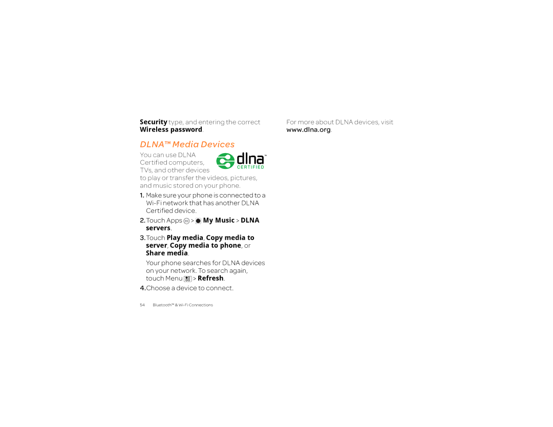 Motorola 2 manual Dlna Media Devices, Security type, and entering the correct Wireless password 