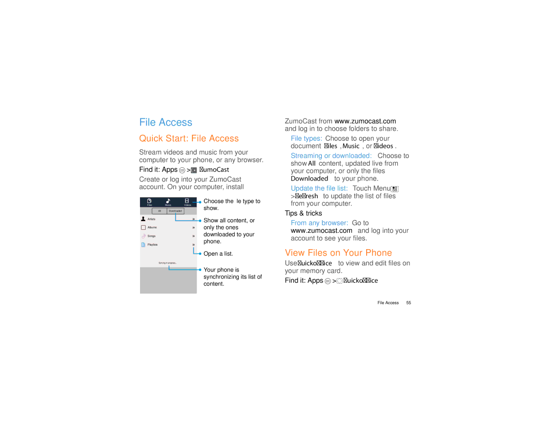 Motorola 2 manual Quick Start File Access, View Files on Your Phone 