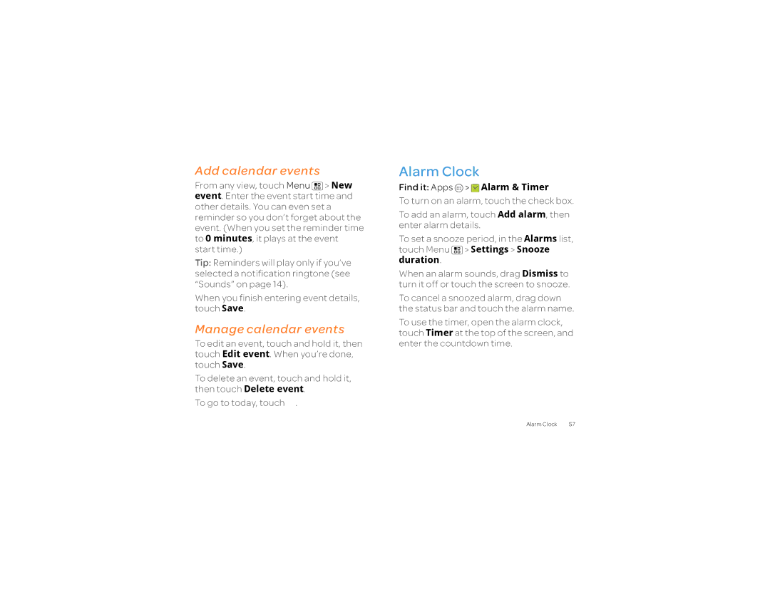 Motorola 2 manual Alarm Clock, Add calendar events, Manage calendar events 