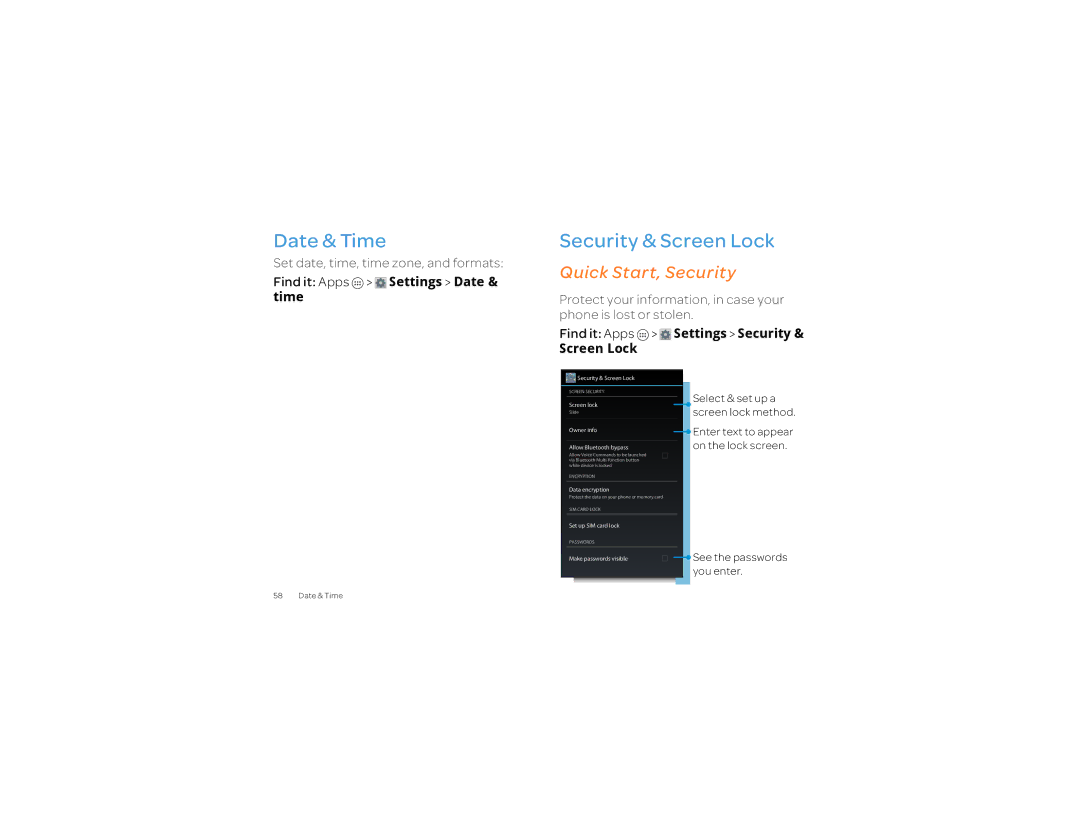 Motorola 2 manual Date & Time, Security & Screen Lock, Quick Start Security, Set date, time, time zone, and formats 