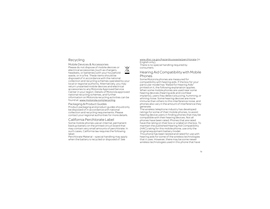 Motorola 2 manual Recycling, California Perchlorate Label, Hearing Aid Compatibility with Mobile Phones 