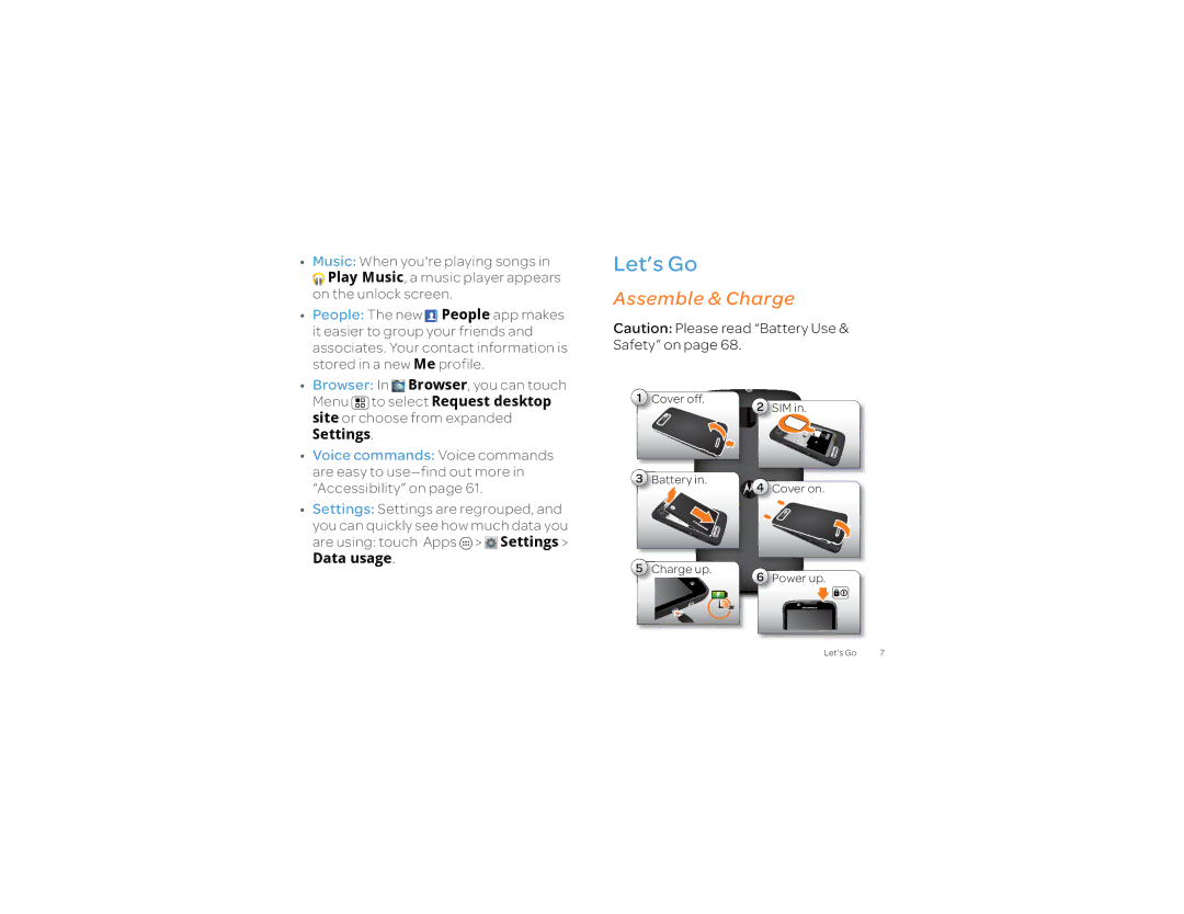 Motorola 2 manual Let’s Go, Assemble & Charge, Settings Settings are regrouped, Data usage 