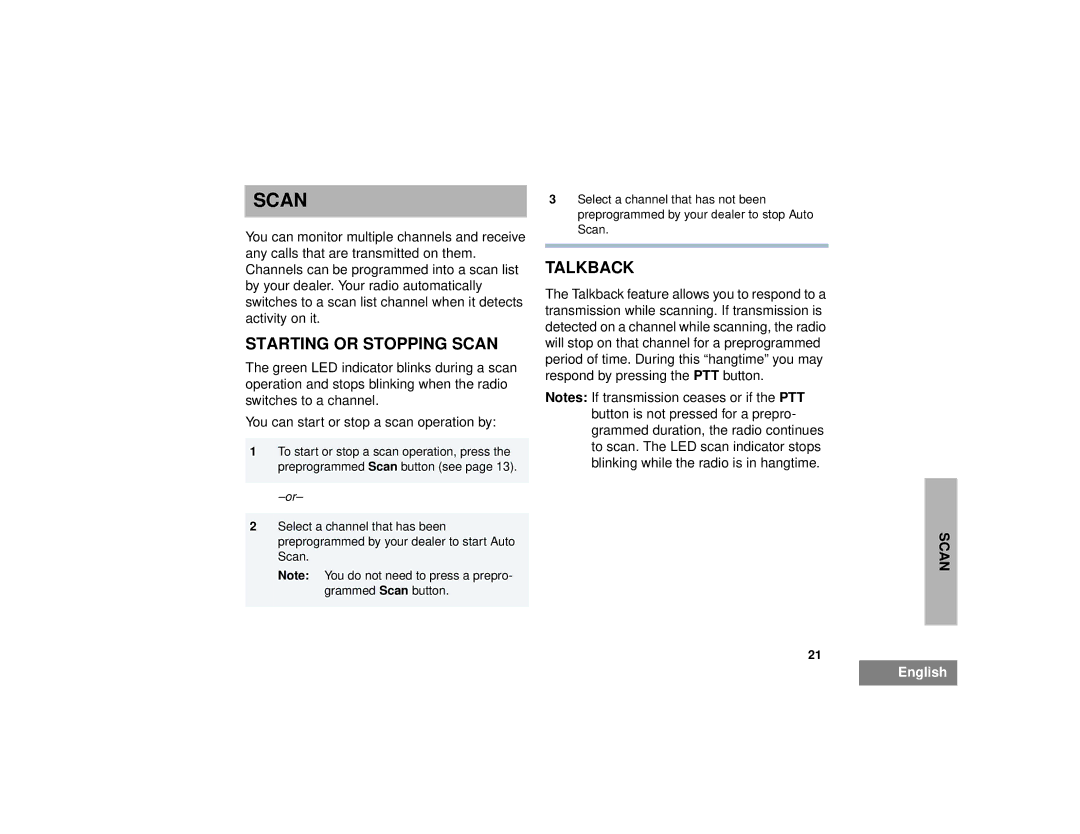 Motorola 200 manual Starting or Stopping Scan, Talkback 