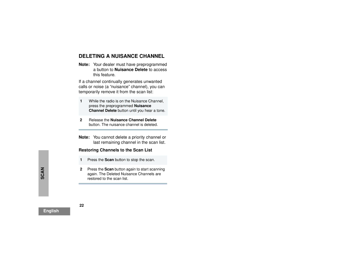 Motorola 200 manual Deleting a Nuisance Channel, Restoring Channels to the Scan List 