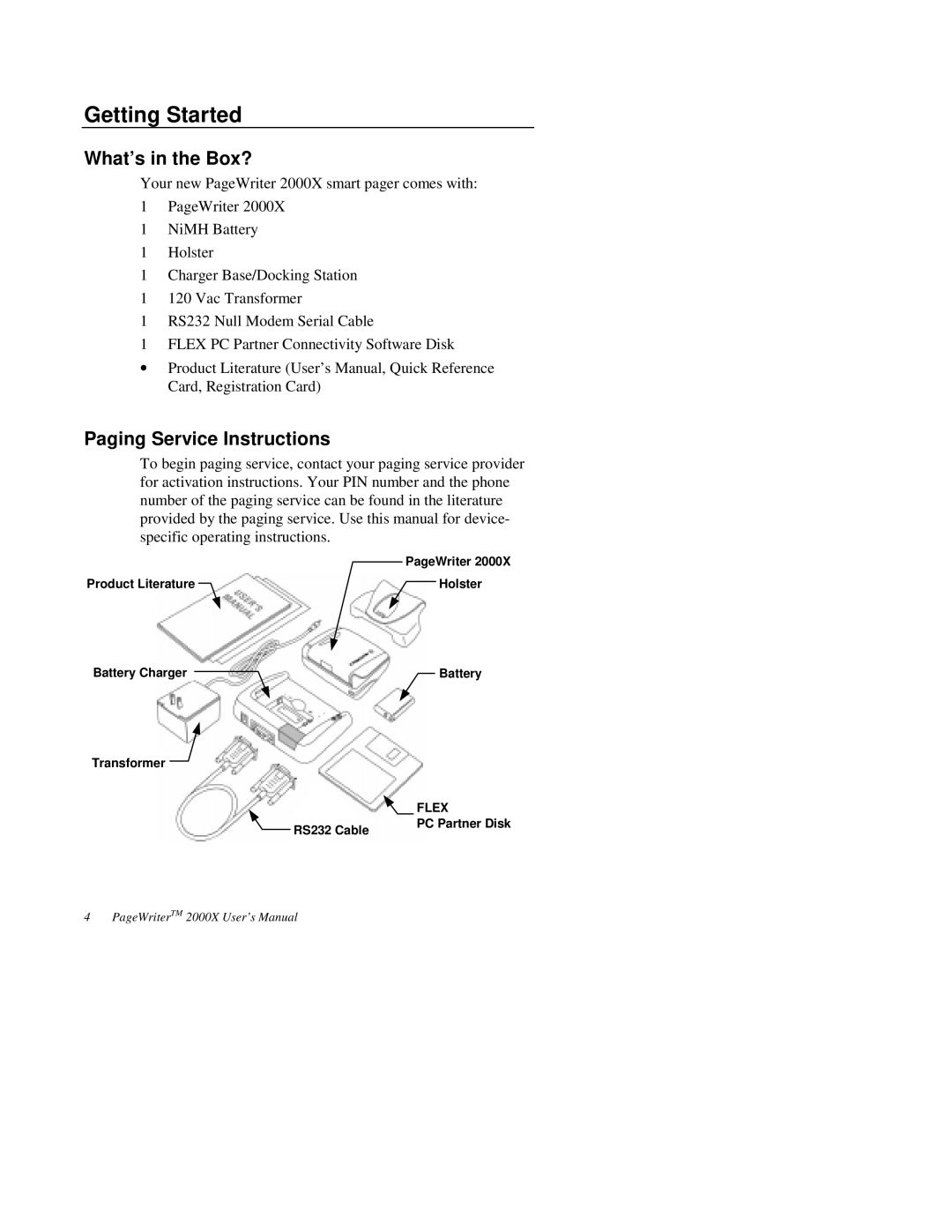 Motorola 2000X quick start Getting Started, What’s in the Box?, Paging Service Instructions 