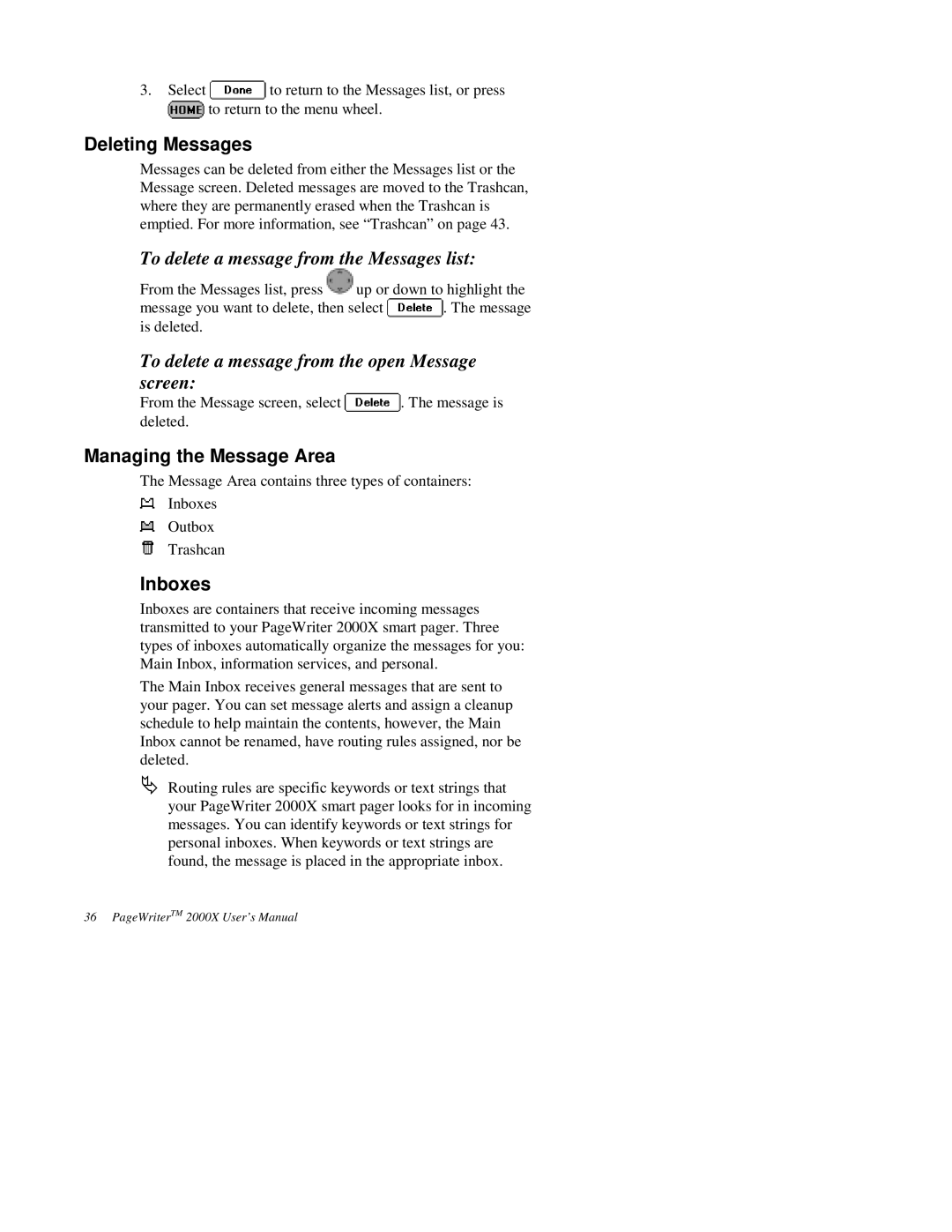 Motorola 2000X Deleting Messages, To delete a message from the Messages list, Managing the Message Area, Inboxes 