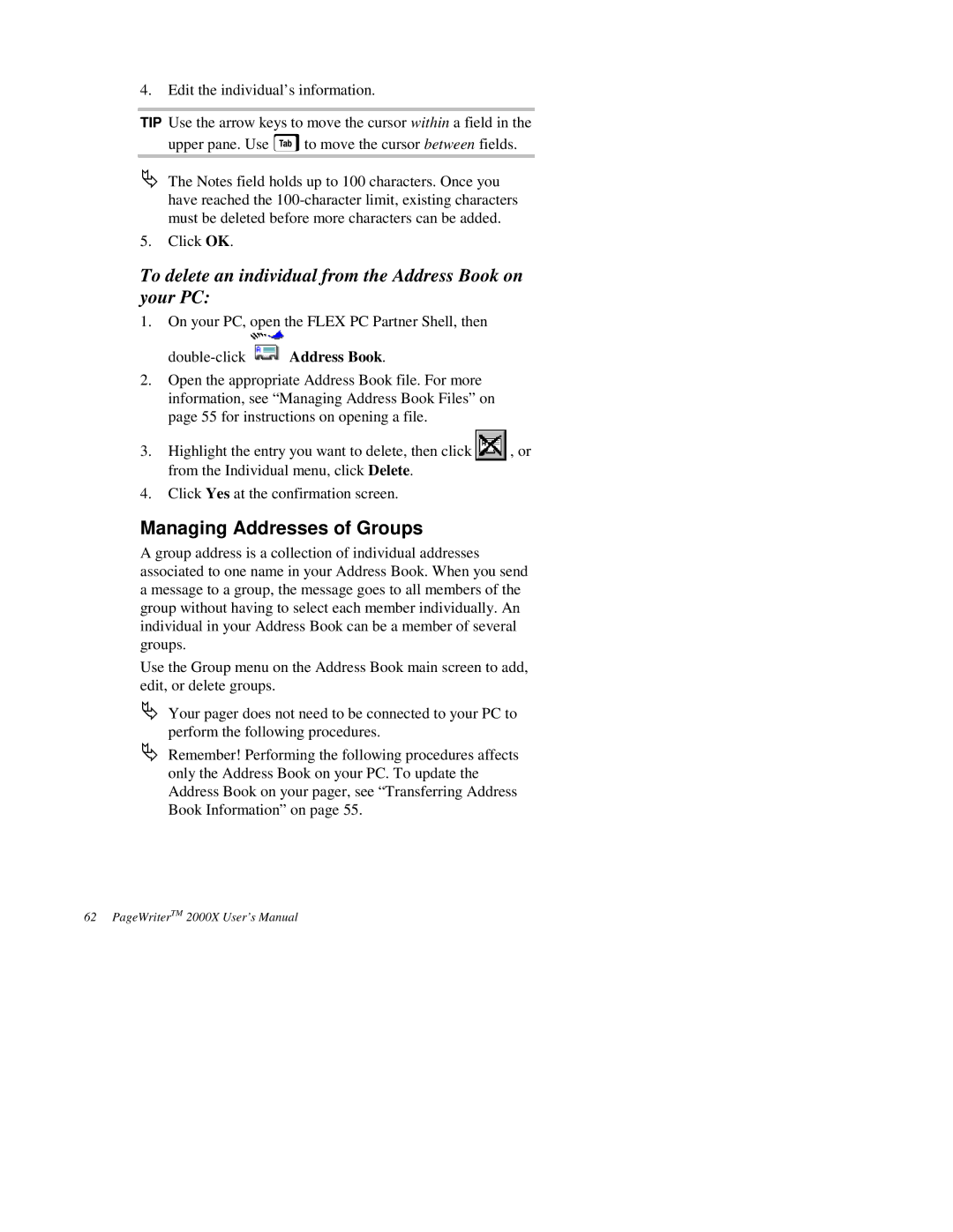 Motorola 2000X quick start To delete an individual from the Address Book on your PC, Managing Addresses of Groups 