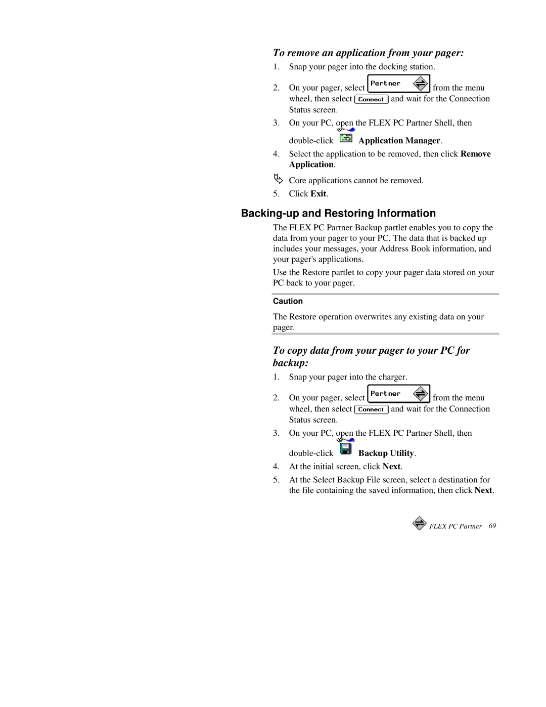 Motorola 2000X To remove an application from your pager, Backing-up and Restoring Information, Double-click Backup Utility 