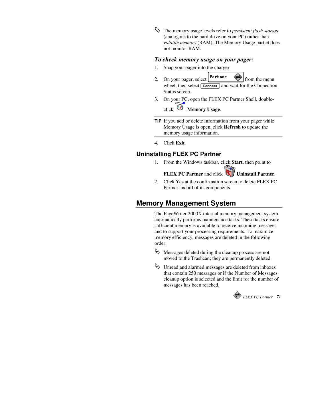 Motorola 2000X quick start Memory Management System, To check memory usage on your pager, Uninstalling Flex PC Partner 