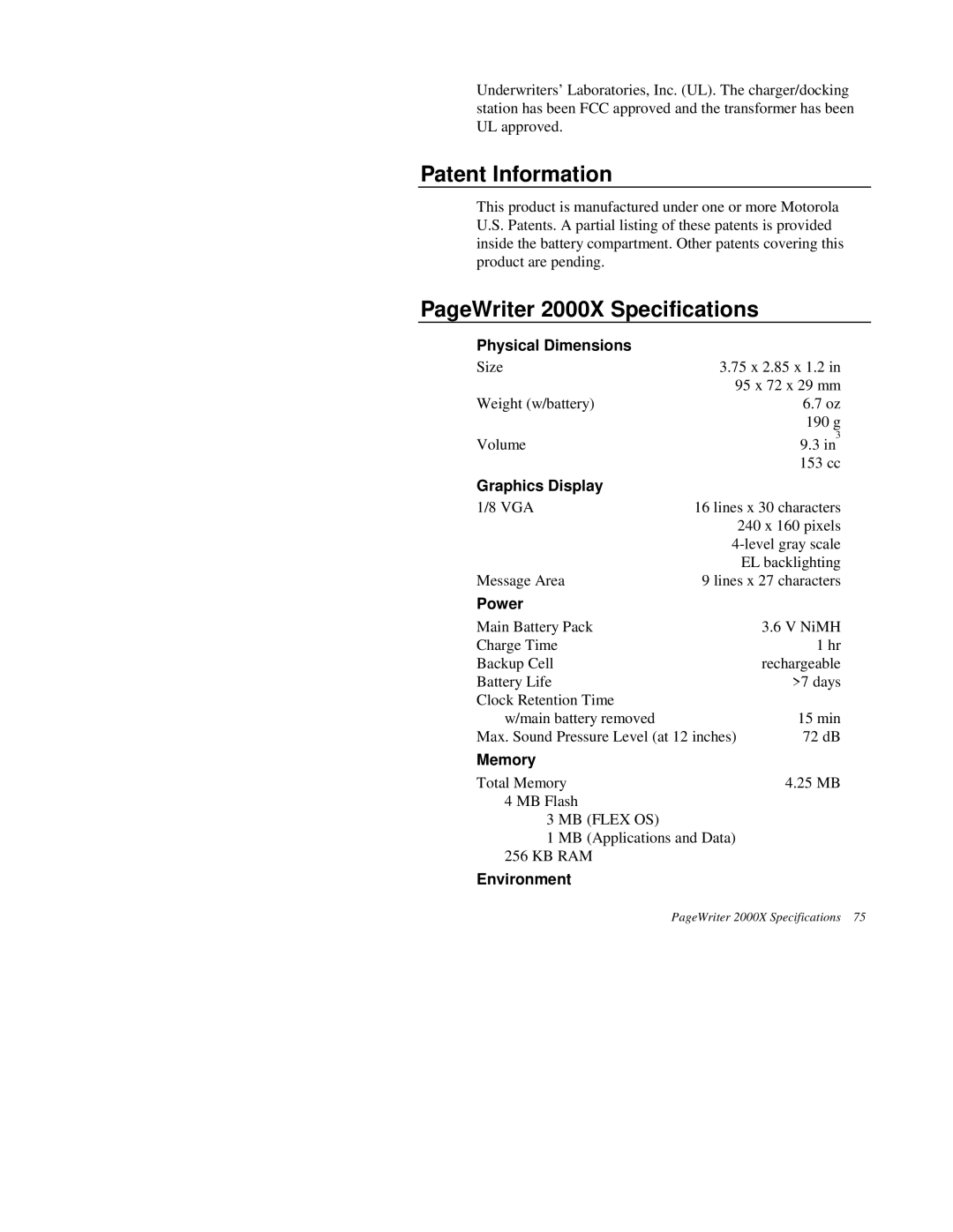 Motorola quick start Patent Information, PageWriter 2000X Specifications 