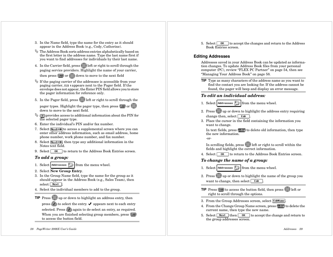Motorola 2000X quick start To add a group, Editing Addresses, To edit an individual address, To change the name of a group 