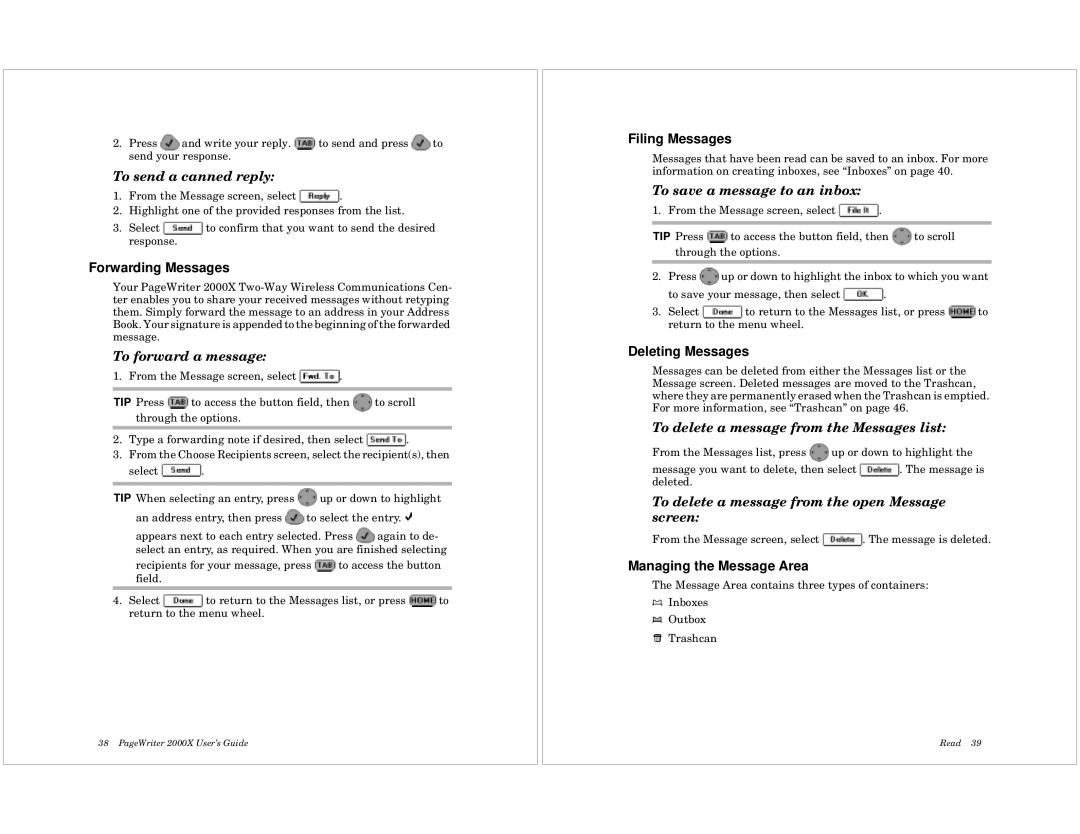 Motorola 2000X quick start Forwarding Messages, Filing Messages, Deleting Messages, Managing the Message Area 