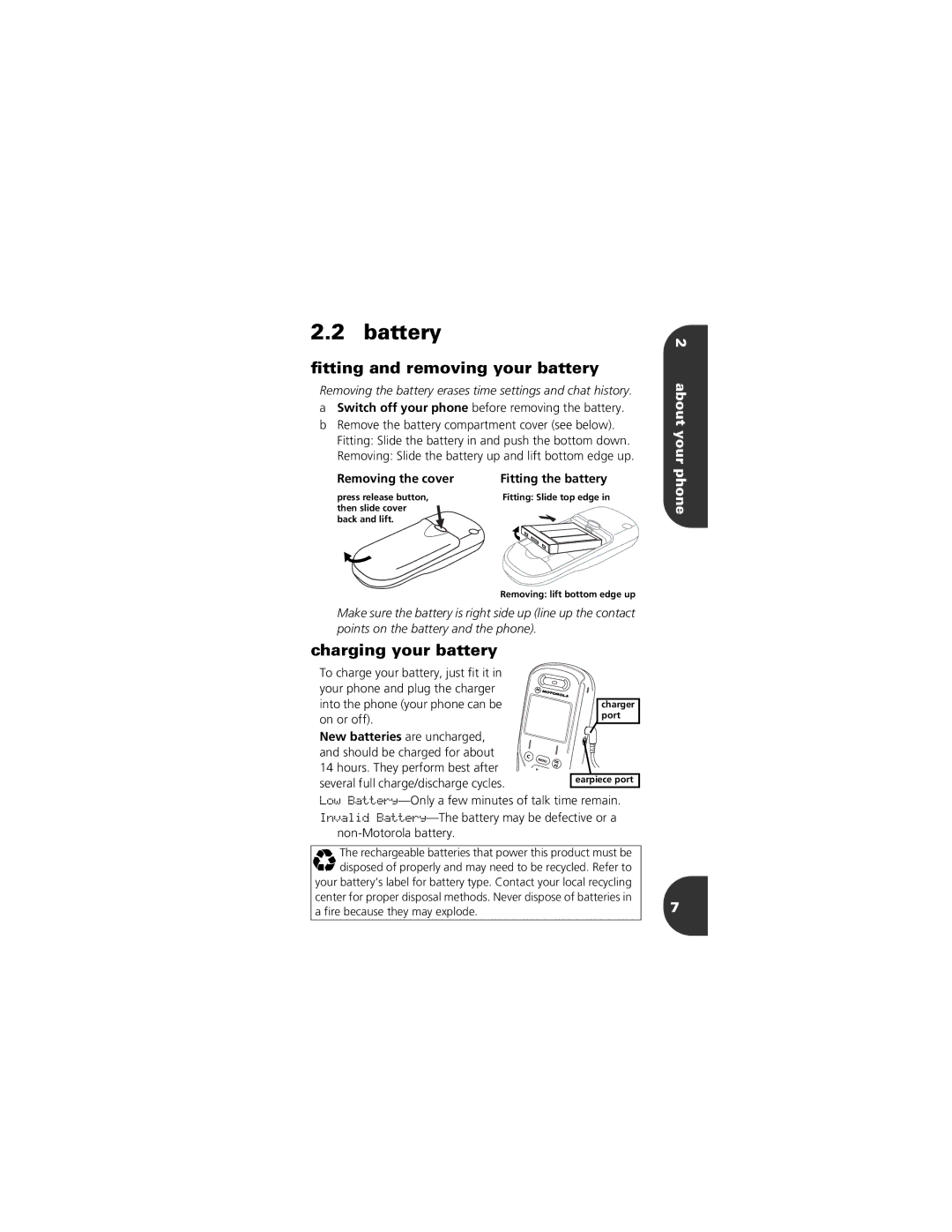 Motorola 2001 Portable Cell Phone manual Battery, ﬁtting and removing your battery, Charging your battery, About your phone 