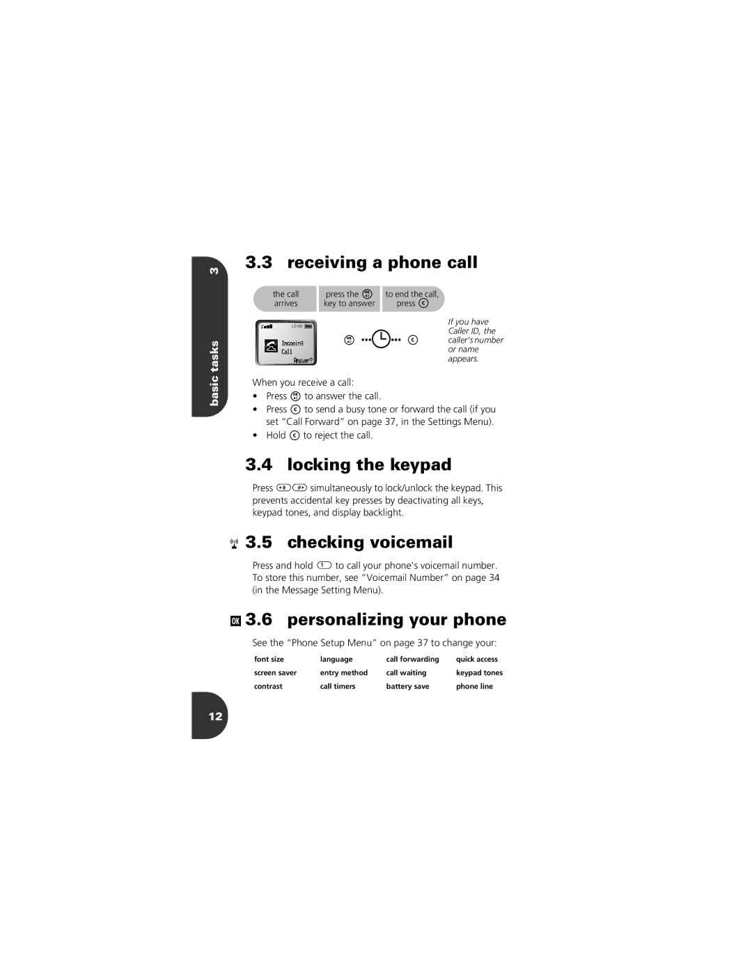 Motorola 2001 Portable Cell Phone Receiving a phone call, Locking the keypad, Checking voicemail, Personalizing your phone 