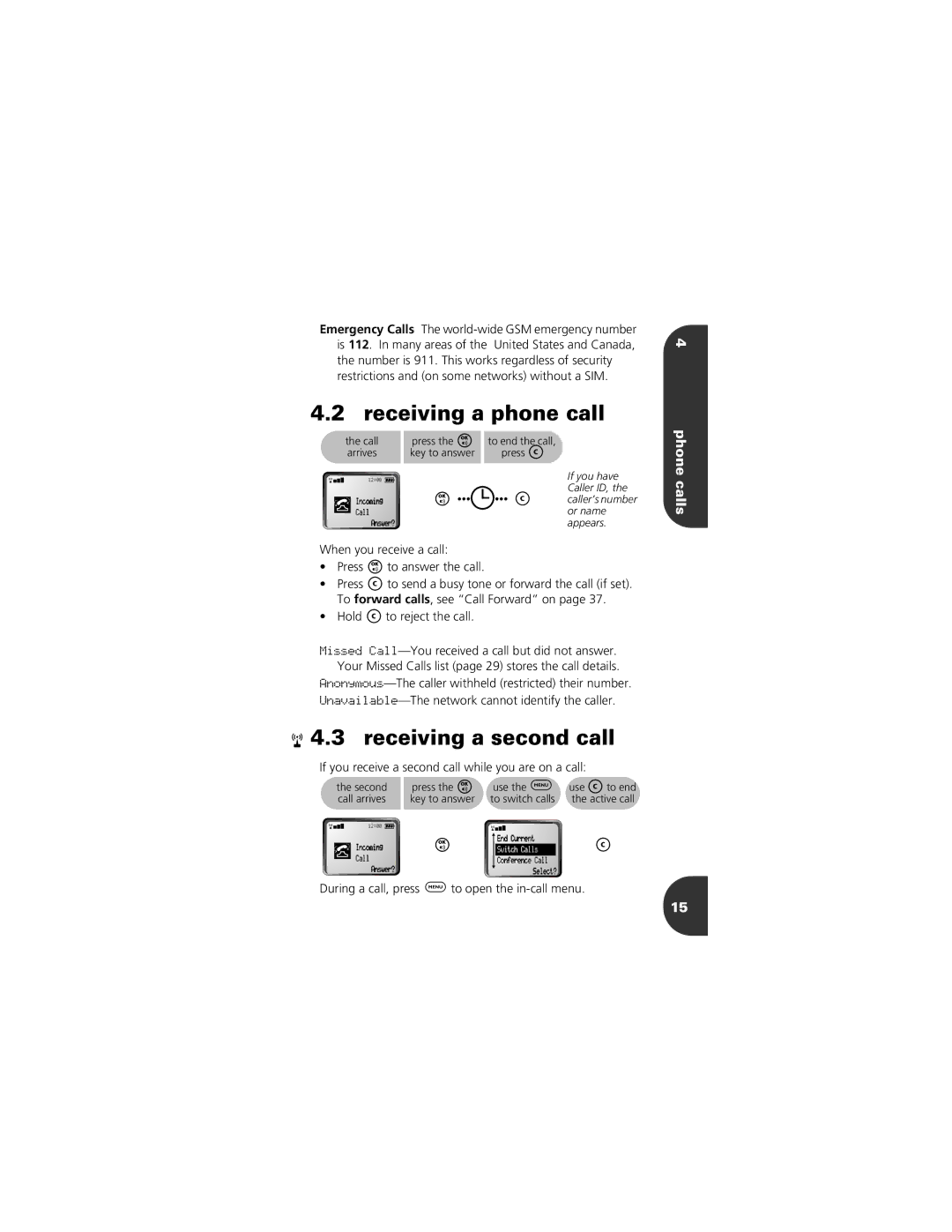 Motorola 2001 Portable Cell Phone Receiving a second call, Phone calls, During a call, press $to open the in-call menu 